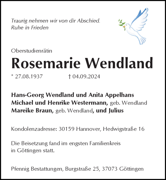 Traueranzeige von Rosemarie Wendland von Göttinger Tageblatt