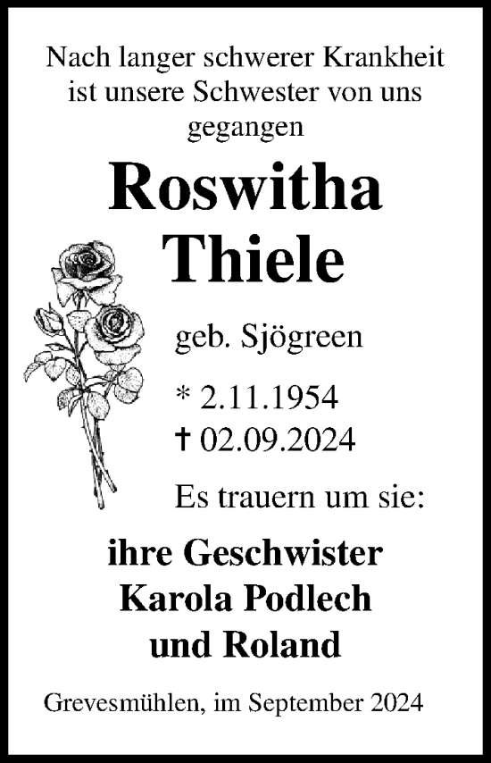 Traueranzeige von Roswitha Thiele von Ostsee-Zeitung GmbH