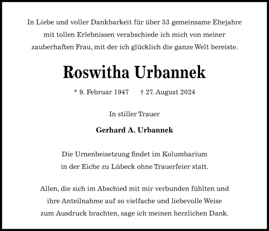 Traueranzeige von Roswitha Urbannek von Kieler Nachrichten