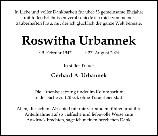 Traueranzeige von Roswitha Urbannek von Lübecker Nachrichten