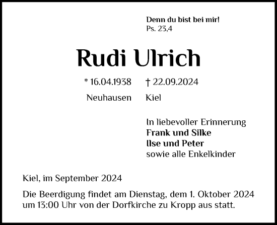 Traueranzeige von Rudi Ulrich von Kieler Nachrichten