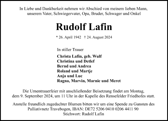 Traueranzeige von Rudolf Lafin von Lübecker Nachrichten