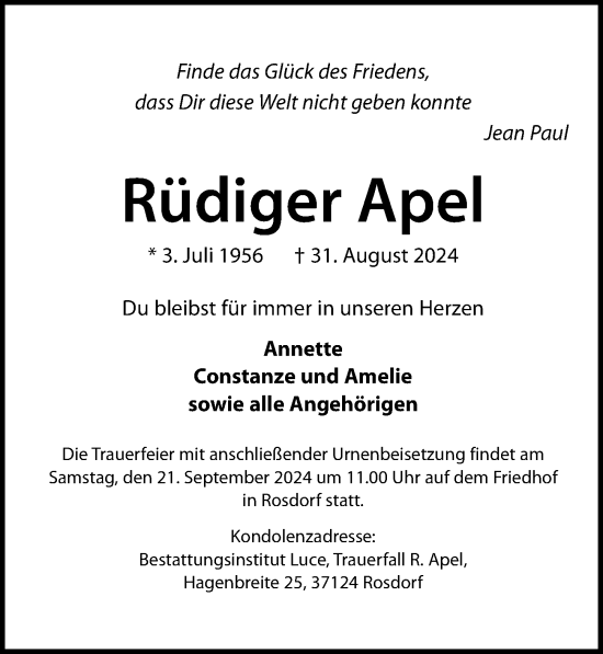 Traueranzeige von Rüdiger Apel von Göttinger Tageblatt