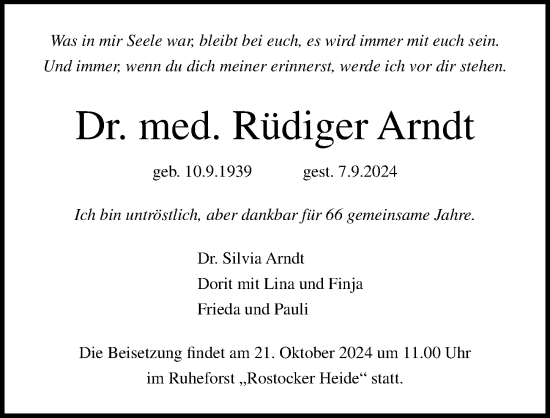 Traueranzeige von Rüdiger Arndt von Ostsee-Zeitung GmbH