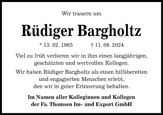 Traueranzeige von Rüdiger Bargholtz von Kieler Nachrichten