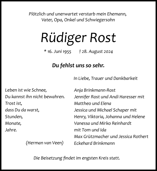 Traueranzeige von Rüdiger Rost von Lübecker Nachrichten