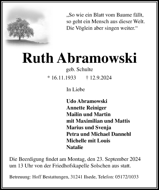 Traueranzeige von Ruth Abramowski von Peiner Allgemeine Zeitung