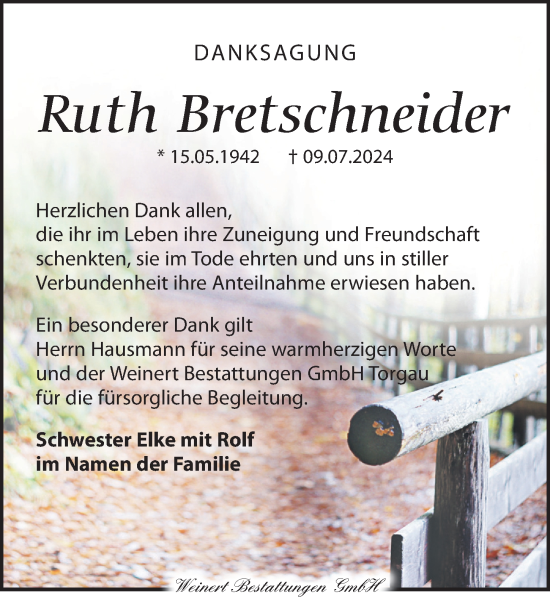 Traueranzeige von Ruth Bretschneider von Torgauer Zeitung