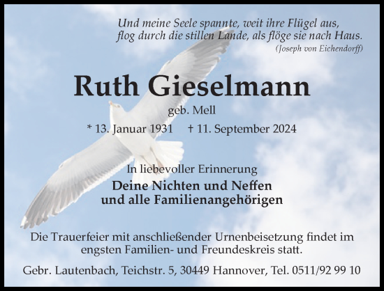 Traueranzeige von Ruth Gieselmann von Hannoversche Allgemeine Zeitung/Neue Presse