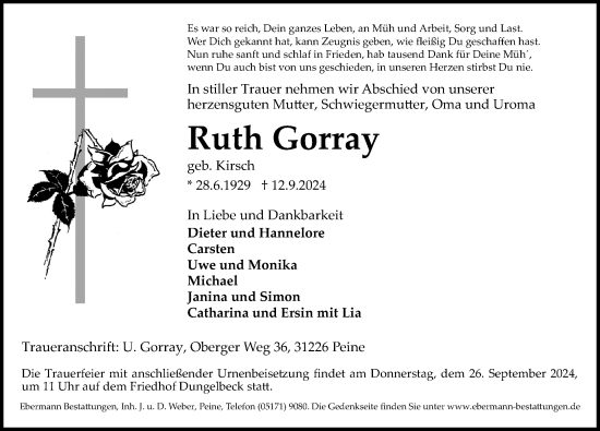 Traueranzeige von Ruth Gorray von Peiner Allgemeine Zeitung