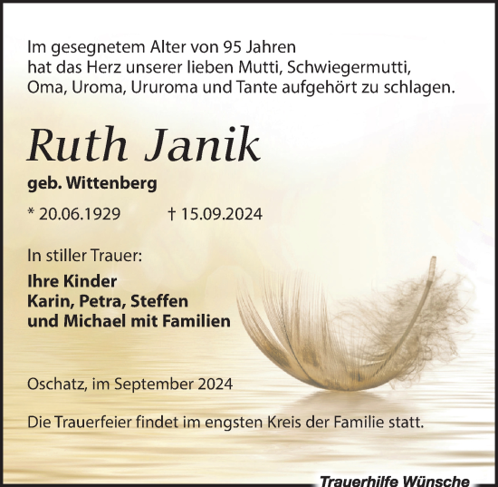 Traueranzeige von Ruth Janik von Leipziger Volkszeitung