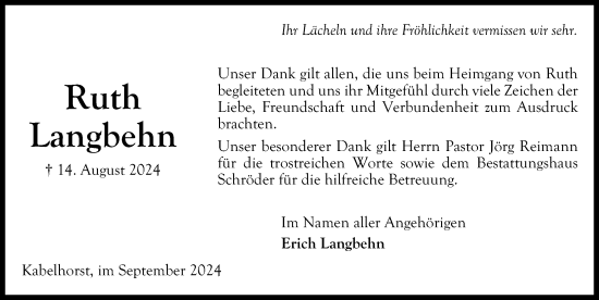 Traueranzeige von Ruth Langbehn von Lübecker Nachrichten