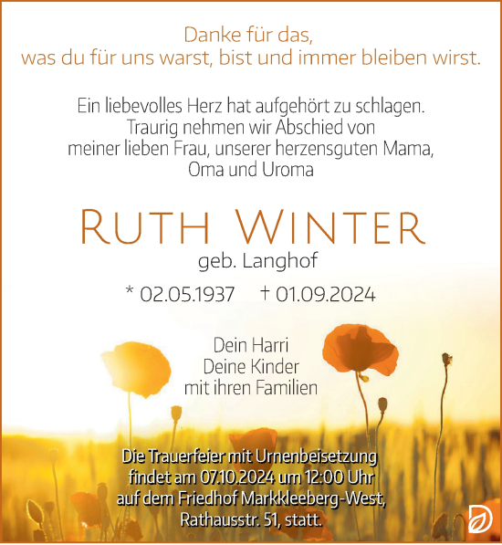 Traueranzeige von Ruth Winter von Leipziger Volkszeitung