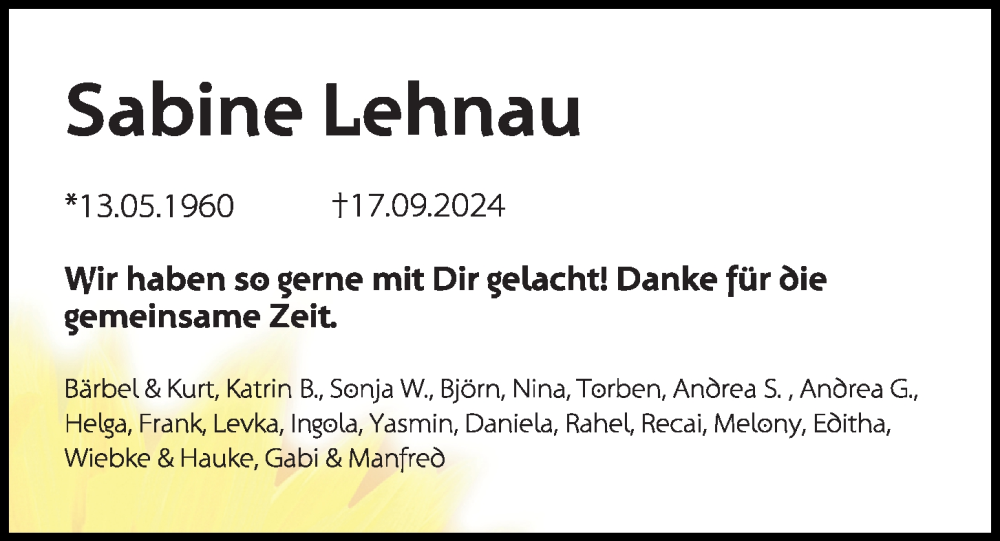  Traueranzeige für Sabine Lehnau vom 21.09.2024 aus Kieler Nachrichten