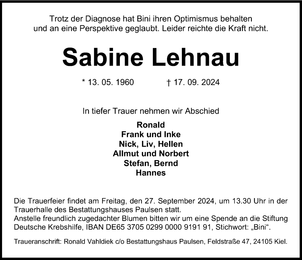  Traueranzeige für Sabine Lehnau vom 21.09.2024 aus Kieler Nachrichten