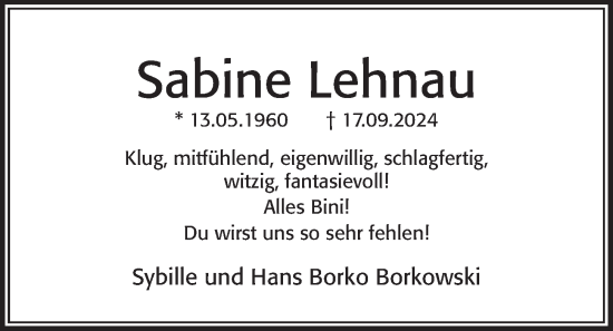 Traueranzeige von Sabine Lehnau von Kieler Nachrichten