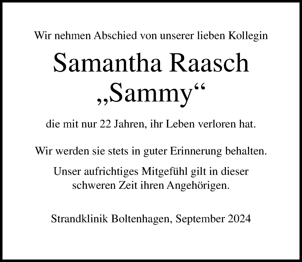  Traueranzeige für Samantha Raasch vom 14.09.2024 aus Ostsee-Zeitung GmbH