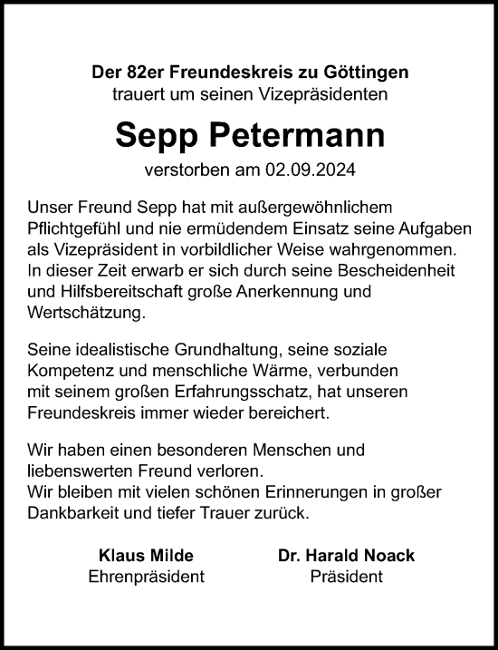 Traueranzeige von Sepp Petermann von Göttinger Tageblatt