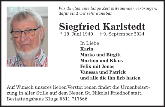 Traueranzeige von Siegfried Karlstedt von Hannoversche Allgemeine Zeitung/Neue Presse