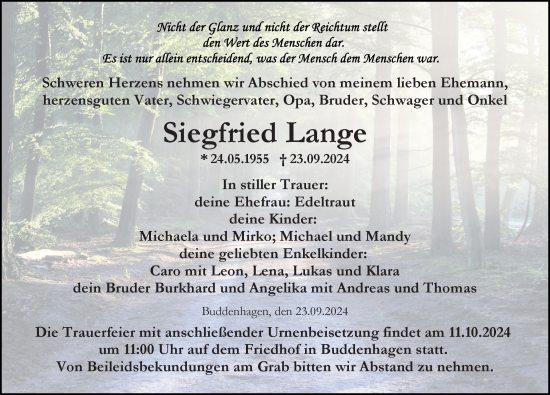 Traueranzeige von Siegfried Lange von Ostsee-Zeitung GmbH