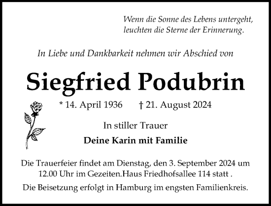 Traueranzeige von Siegfried Podubrin von Lübecker Nachrichten