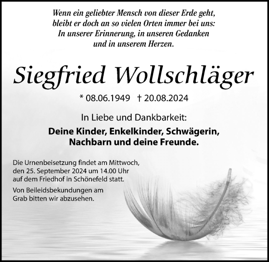 Traueranzeige von Siegfried Wollschläger von Märkischen Allgemeine Zeitung