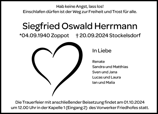 Traueranzeige von Siegfried Oswald Herrmann von Lübecker Nachrichten