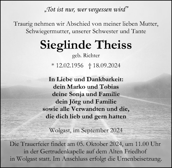 Traueranzeige von Sieglinde Theiss von Ostsee-Zeitung GmbH