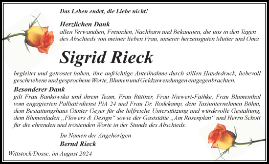 Traueranzeige von Sigrid Rieck von Wochenspiegel