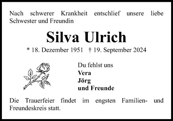 Traueranzeige von Silva Ulrich von Kieler Nachrichten