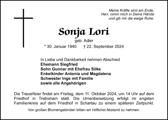 Traueranzeige von Sonja Lori von Leipziger Volkszeitung