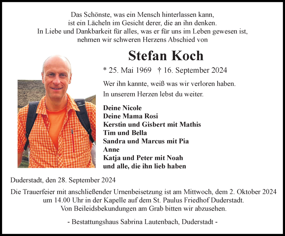  Traueranzeige für Stefan Koch vom 28.09.2024 aus Eichsfelder Tageblatt