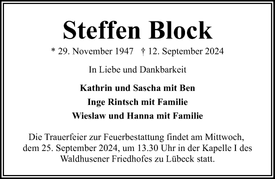 Traueranzeige von Steffen Block von Lübecker Nachrichten