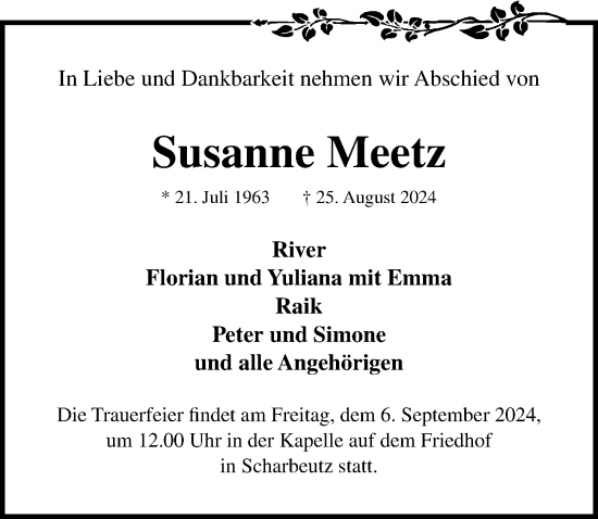 Traueranzeige von Susanne Meetz von Lübecker Nachrichten