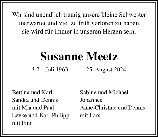 Traueranzeige von Susanne Meetz von Lübecker Nachrichten