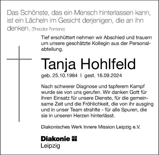 Traueranzeige von Tanja Hohlfeld von Leipziger Volkszeitung