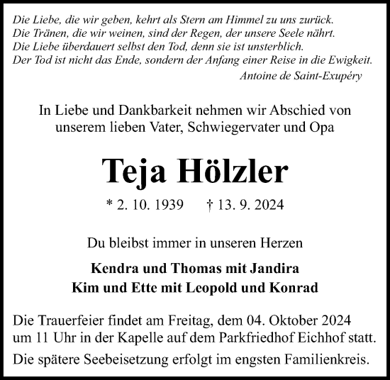 Traueranzeige von Teja Hölzler von Kieler Nachrichten