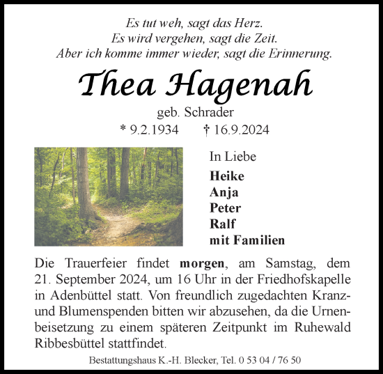 Traueranzeige von Thea Hagenah von Aller Zeitung