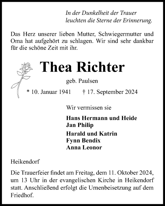 Traueranzeige von Thea Richter von Kieler Nachrichten