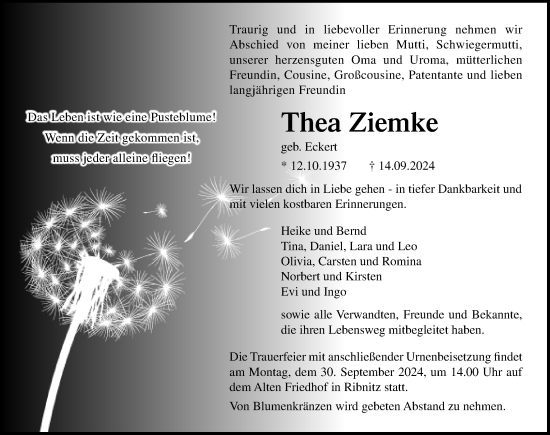 Traueranzeige von Thea Ziemke von Ostsee-Zeitung GmbH