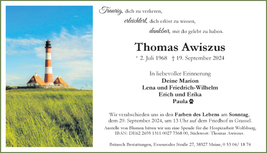 Traueranzeige von Thomas Awiszus von Aller Zeitung