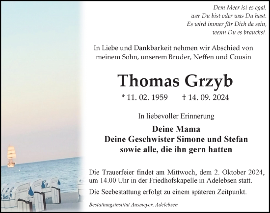 Traueranzeige von Thomas Grzyb von Göttinger Tageblatt