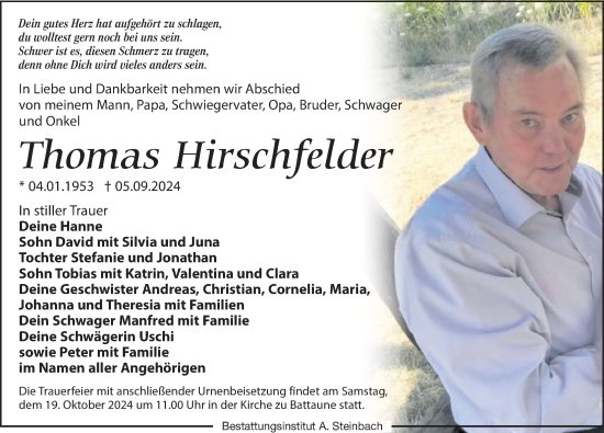 Traueranzeige von Thomas Hirschfelder von Leipziger Volkszeitung