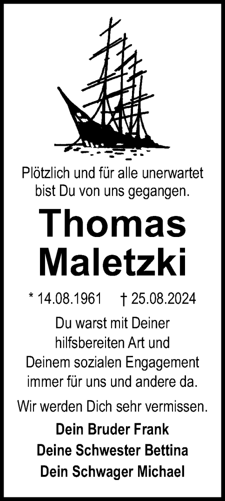 Traueranzeige von Thomas Maletzki von Lübecker Nachrichten