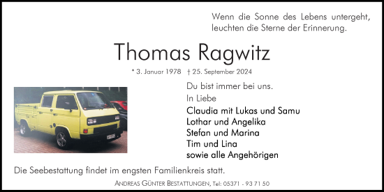 Traueranzeige von Thomas Ragwitz von Aller Zeitung