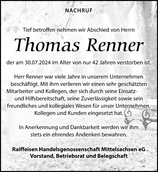 Traueranzeige von Thomas Renner von Leipziger Volkszeitung