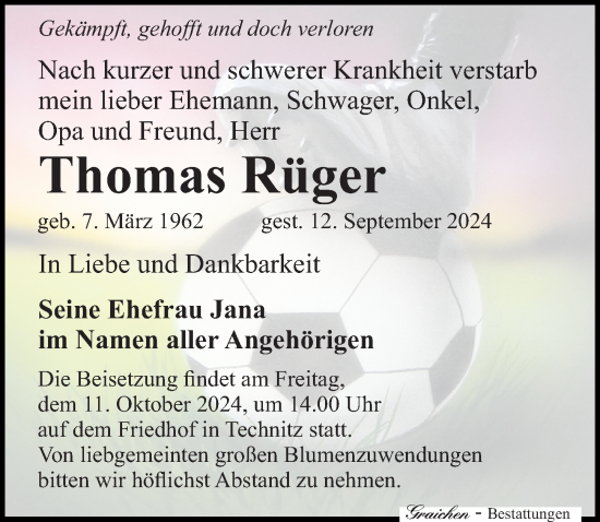 Traueranzeige von Thomas Rüger von Leipziger Volkszeitung