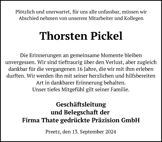 Traueranzeige von Thorsten Pickel von Kieler Nachrichten