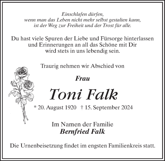 Traueranzeige von Toni Falk von Märkischen Allgemeine Zeitung