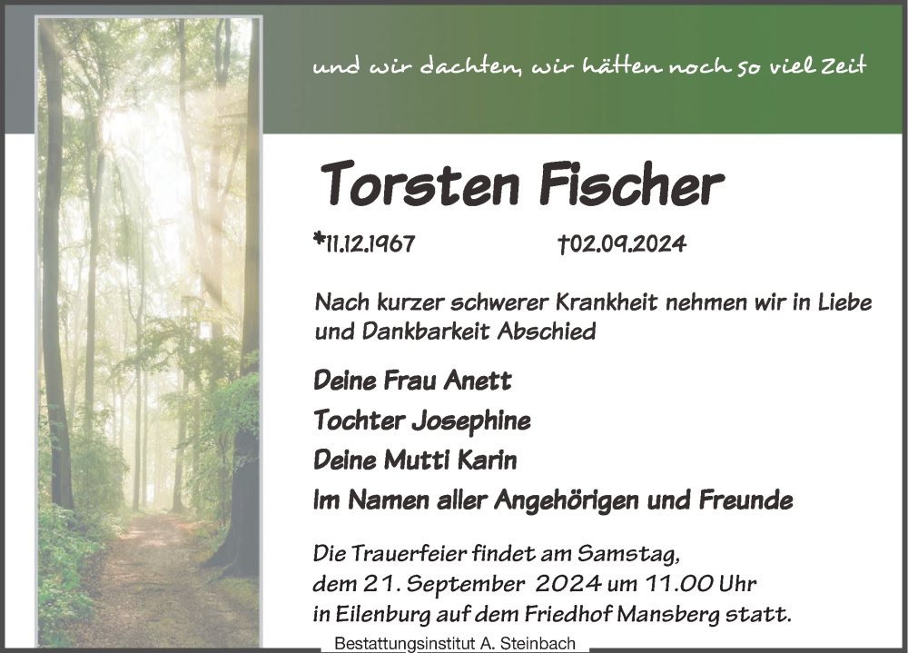  Traueranzeige für Torsten Fischer vom 07.09.2024 aus Leipziger Volkszeitung